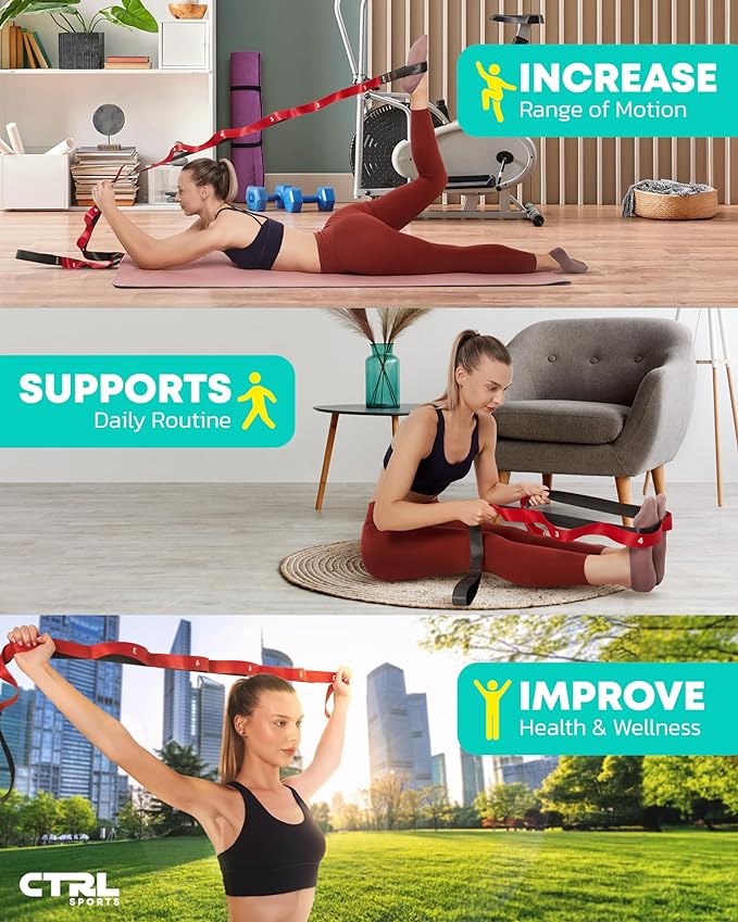 Stretching Strap with Loops - Non Elastic Stretch Band for Physical Therapy, Yoga Strap for