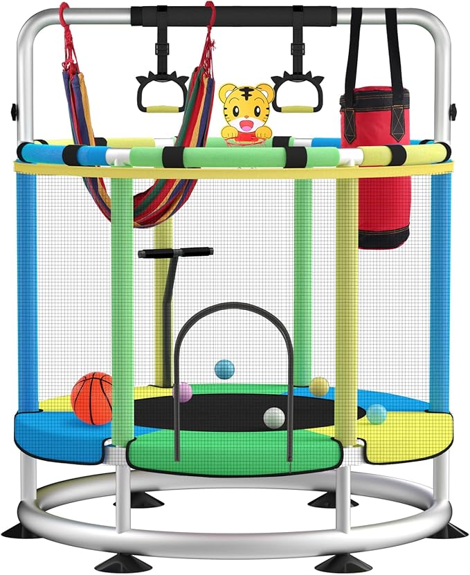Trampoline for Kids, Adjustable Baby Toddler Trampoline with Basketball Hoop, Round Bottom Indoor