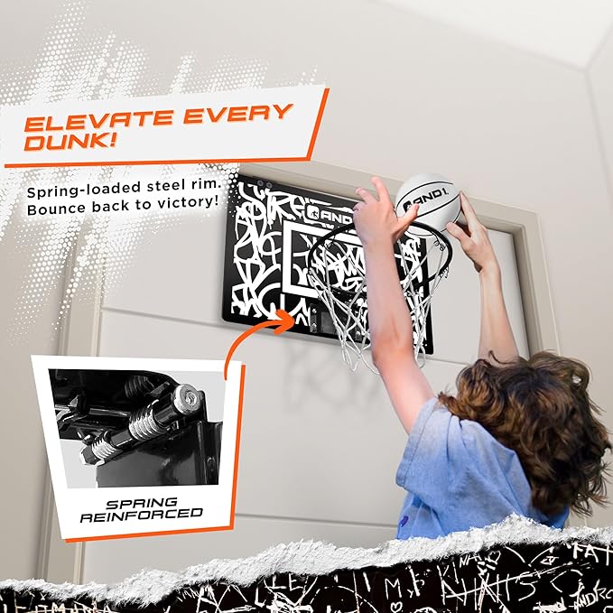 AND1 Over the Door Mini Basketball Hoop: 18x12 Shatterproof Backboard, 2 Mini Basketballs, and Hand