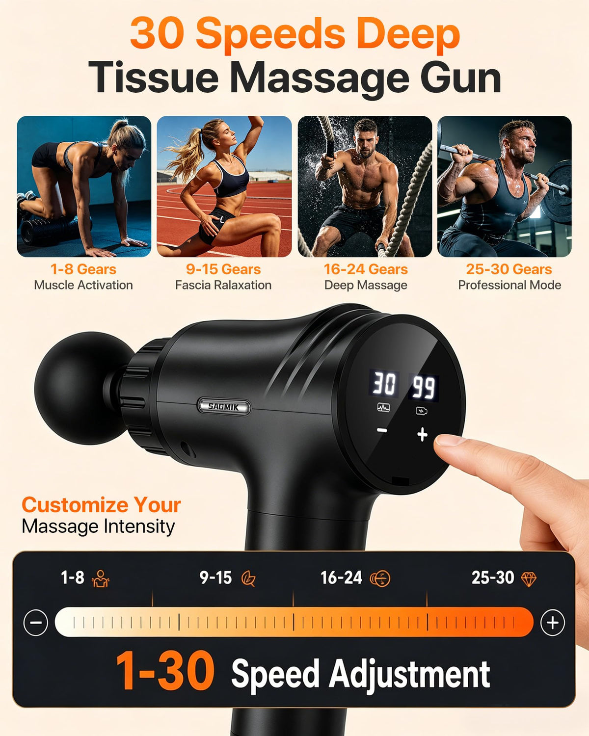 Youdgee Massage Gun, 30 Speeds, 6 Heads, Quiet Deep Tissue Muscle Massager