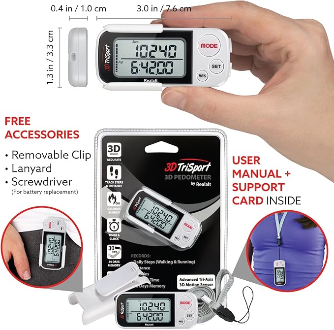 3DTriSport Walking 3D Pedometer with Clip & Strap, eBook Included | 30 Days Memory, Accurate Step