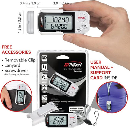 3DTriSport Walking 3D Pedometer with Clip & Strap, eBook Included | 30 Days Memory, Accurate Step