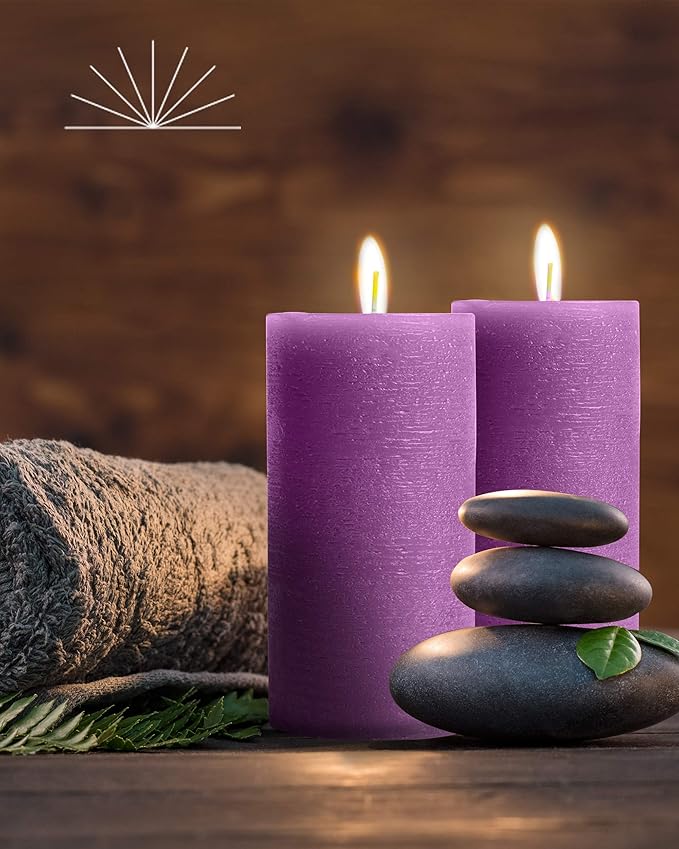 Mottled Pillar Candles by Bask - Set of 6-3" x 6" Dripless Unscented Candles in Purple for Home