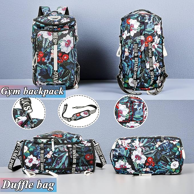 Gym Duffle Bag Backpack with Shoe Compartment,4 ways Travel Backpack for Women and