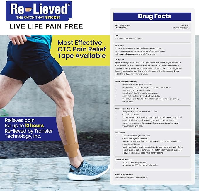 4% Lidocaine Maximum Strength Pain Relief Kinesiology Tape - Relieves Back, Joints and Muscle Pains