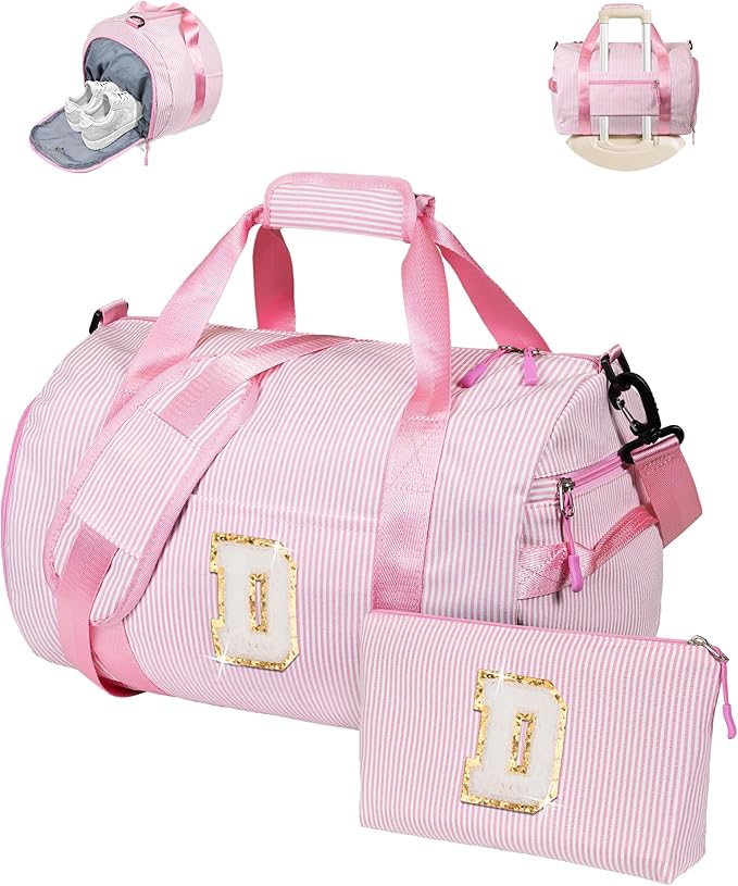 Girls Cheer Up Gift, Girl Gym Bag, Kids Initial Overnight Duffel Bags with Shoe Compartment