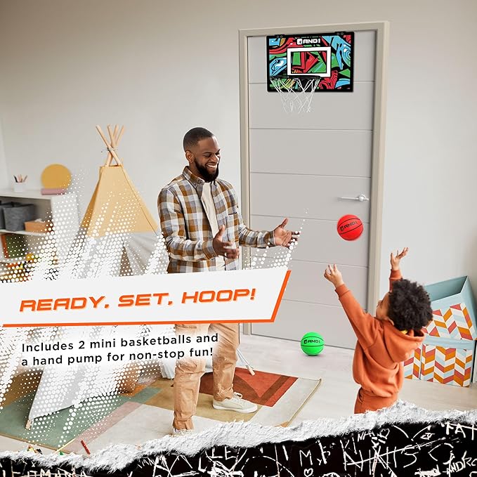 AND1 Over the Door Mini Basketball Hoop: 18x12 Shatterproof Backboard, 2 Mini Basketballs, and Hand