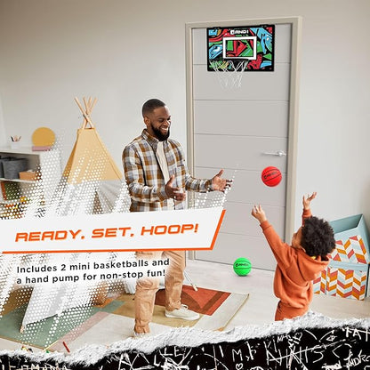 AND1 Over the Door Mini Basketball Hoop: 18x12 Shatterproof Backboard, 2 Mini Basketballs, and Hand