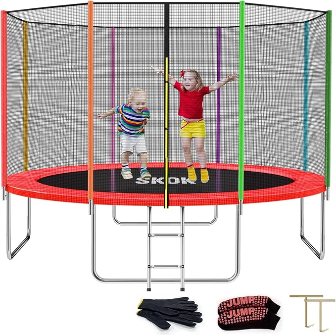 SKOK Trampoline 8FT 10FT 12FT 14FT 15FT Trampolines with Enclosure Net, 400LBS Outdoor Trampolines
