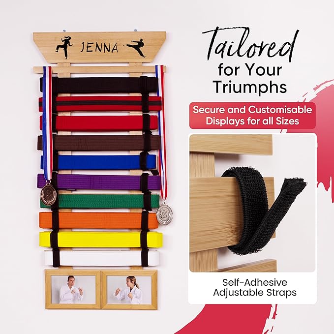 Karate Belt Display Rack - Bamboo 10 Taekwondo Belt Display with Customization Stickers, 2 Picture