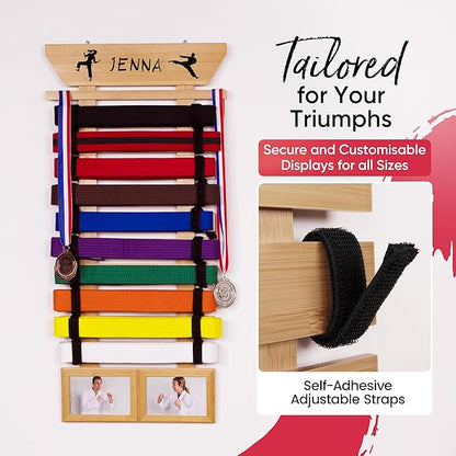 Karate Belt Display Rack - Bamboo 10 Taekwondo Belt Display with Customization Stickers, 2 Picture