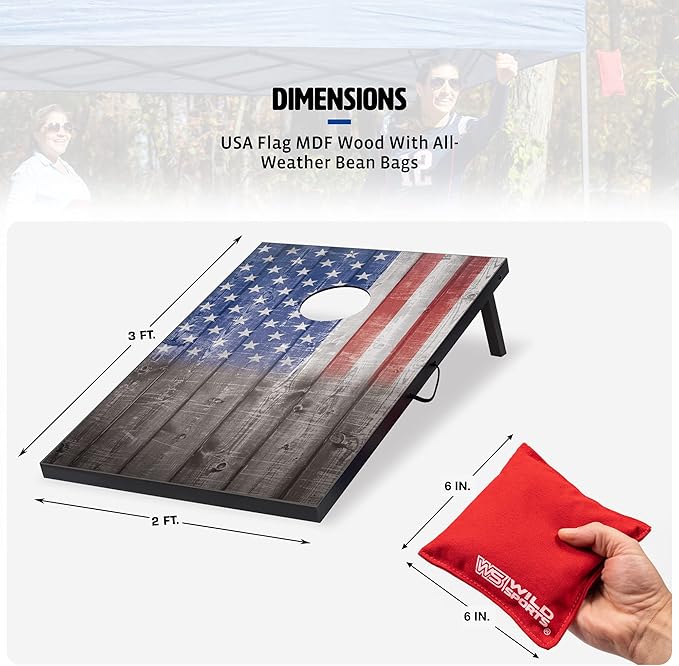 Wild Sports 2’x3’ or 2’x4’ Cornhole Outdoor Game Set, USA Flag or Natural Wood Options with Carry
