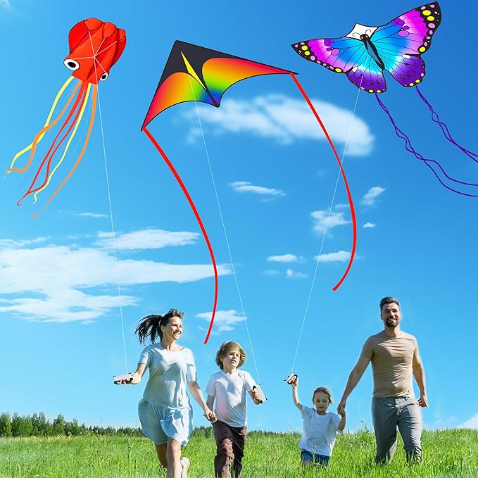 3 Pack Large Kites, Large Butterfly Kite, Colorful Delta and Red Octopus for Girls Boys Ages 4-8