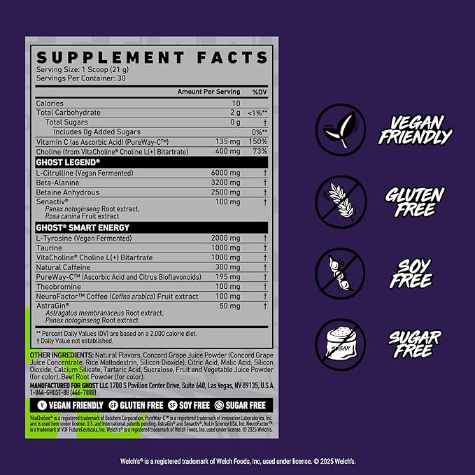 GHOST Legend Pre-Workout Powder, Welch's Grape - 30 Servings ??Pre-Workout for Men & Women with