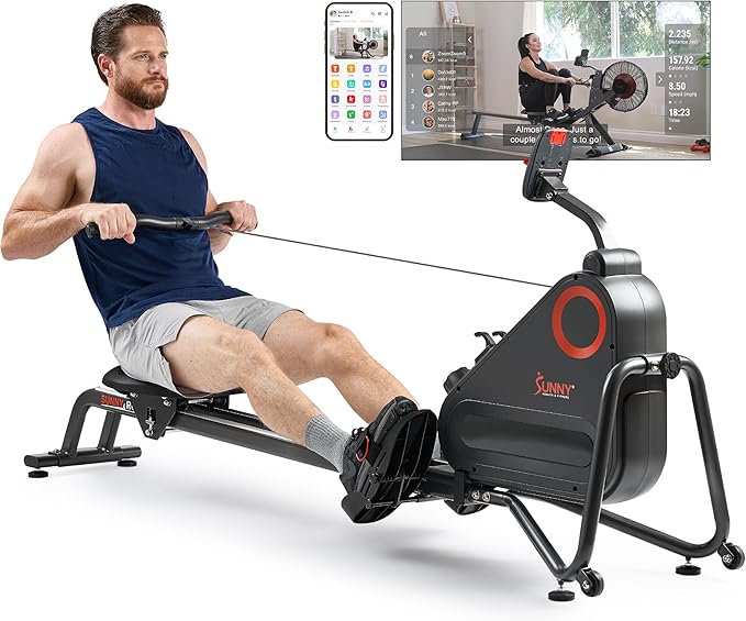 Sunny Health & Fitness Magnetic Rowing Machine for Home Exercise, Quiet & Smooth Rower with Compact
