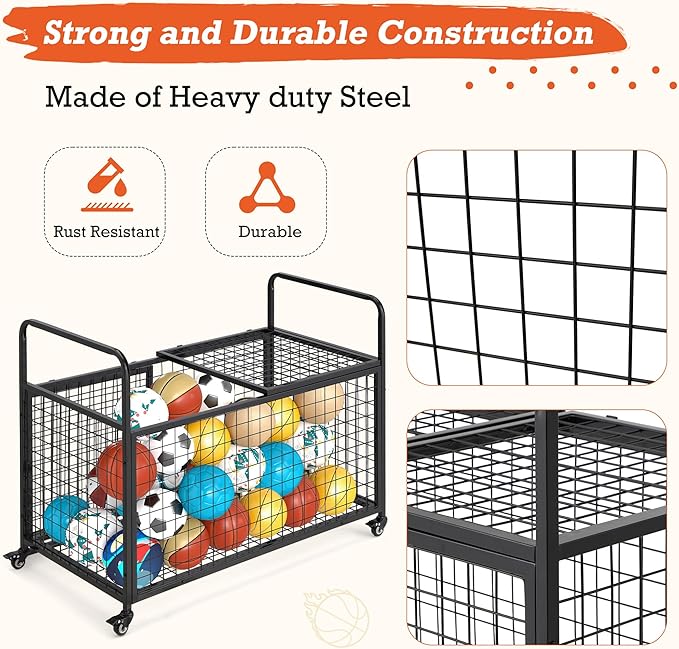 AECOJOY Ball Cart Storage, Rolling Basketball Bin with Wheels for Garage, School, Gym, Sports