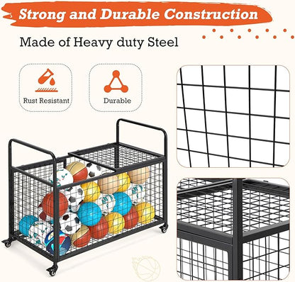 AECOJOY Ball Cart Storage, Rolling Basketball Bin with Wheels for Garage, School, Gym, Sports