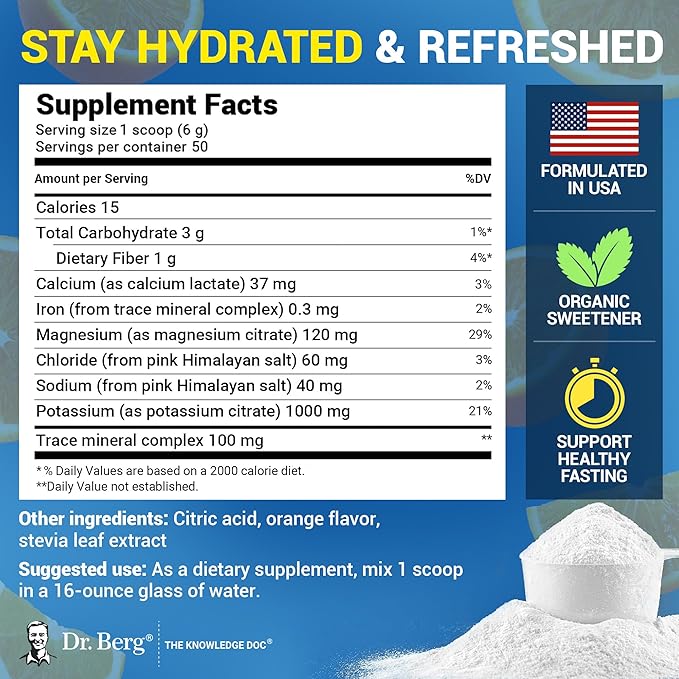 Dr. Berg Zero Sugar Hydration Keto Electrolyte Powder - Enhanced w/ 1000 mg of Potassium & Real