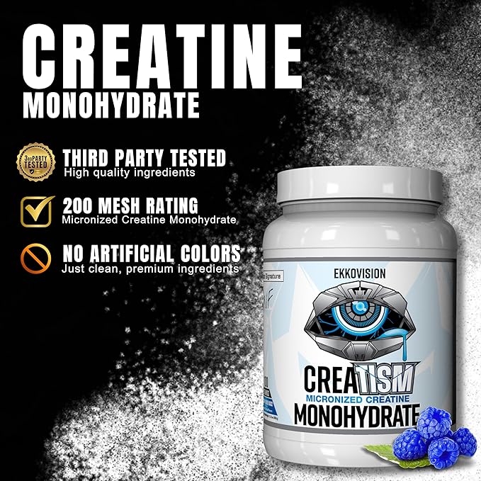 Ekkovision Creatine Monohydrate Powder, Micronized, Puckin' Blue Razz, Pre Workout & Post Workout