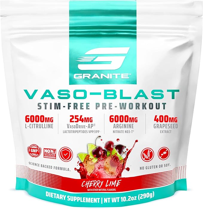 Granite Supplements Vaso Blast, Cherry Lime Flavor, Stimulant-Free Pre Workout for Men & Women with