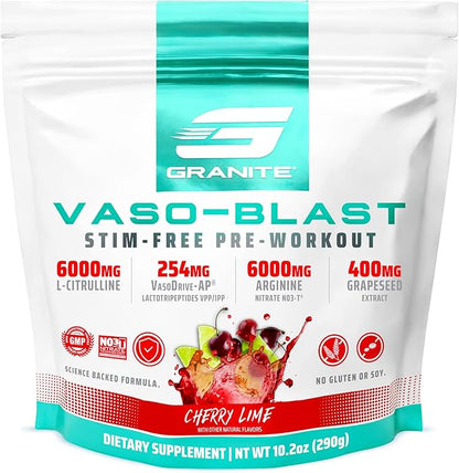 Granite Supplements Vaso Blast, Cherry Lime Flavor, Stimulant-Free Pre Workout for Men & Women with