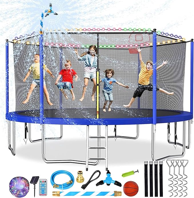 Upgraded 10/12/14/15/16FT Trampoline Outdoor, Large Kids Trampoline with Light, Stakes, Sprinkler