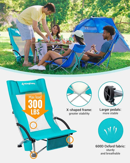 KingCamp Low Beach Chairs, Portable Folding Chair for Adults Extra Wide Ergonomic High Back Seat