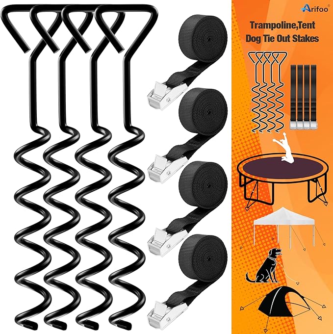 Trampoline Stakes Heavy Duty Strong and Galvanized Steel Corkscrew High Wind Anchor Kit for
