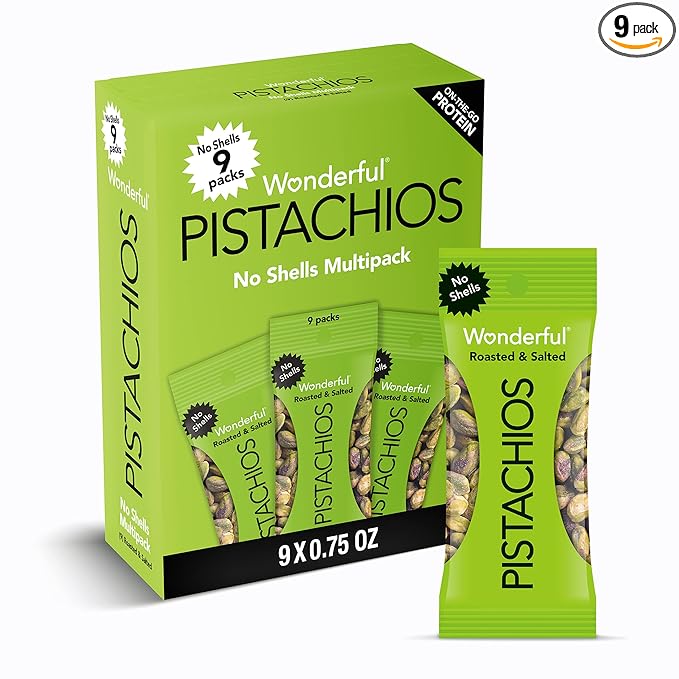 Wonderful Pistachios No Shells, Roasted & Salted Nuts, 0.75 Ounce Bag (Pack of 9), Protein Snacks