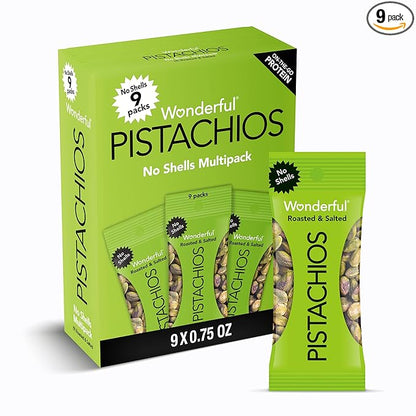 Wonderful Pistachios No Shells, Roasted & Salted Nuts, 0.75 Ounce Bag (Pack of 9), Protein Snacks