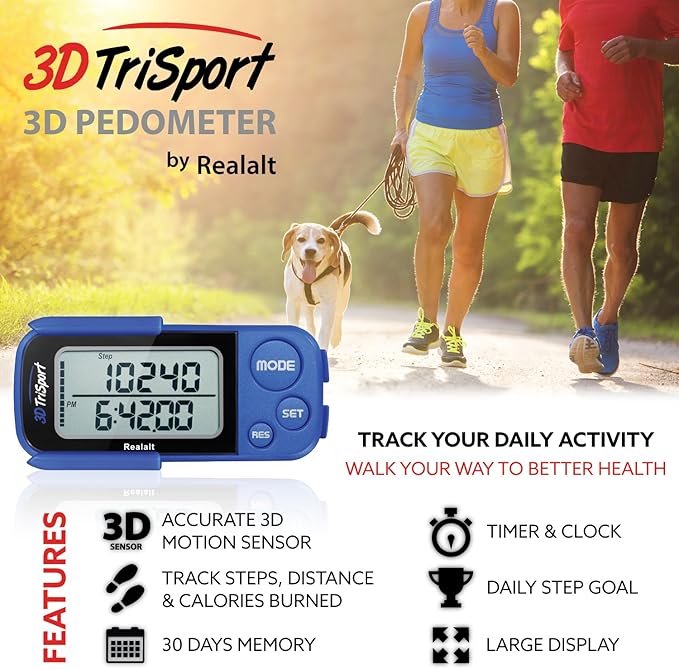 3DTriSport Walking 3D Pedometer with Clip & Strap, eBook Included | 30 Days Memory, Accurate Step
