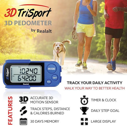 3DTriSport Walking 3D Pedometer with Clip & Strap, eBook Included | 30 Days Memory, Accurate Step