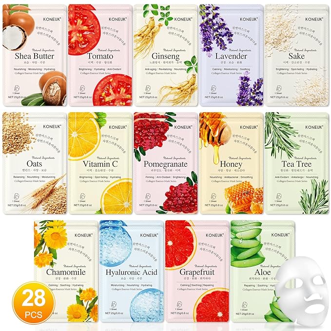 28 Pack Sheet Face Masks Skincare, Hydrating Face Masks Suitable for Sensitive Skin, Bulk Facial