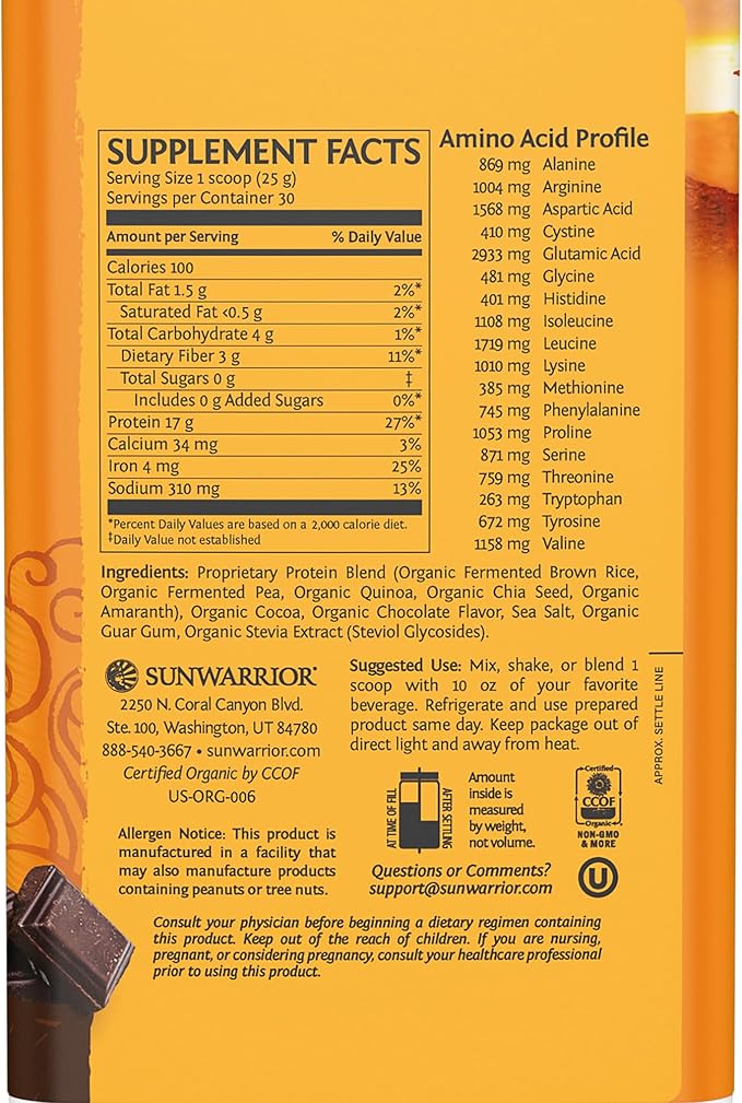 Sunwarrior - Classic Plus, Vegan Protein Powder with Peas & Brown Rice, Raw Organic Plant Based