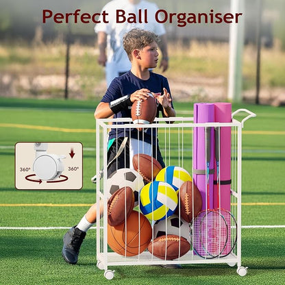 Ball Storage Bin Rolling Sports Ball Cart, Metal Garage Organizer Sport Rack, Ball Basket Storage