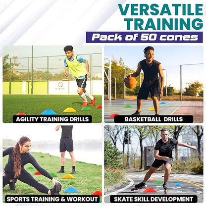 Soccer Cones 100/50/25 Pack with Carry Bag & Holder Five Colors | Agility Disc Cones Set for
