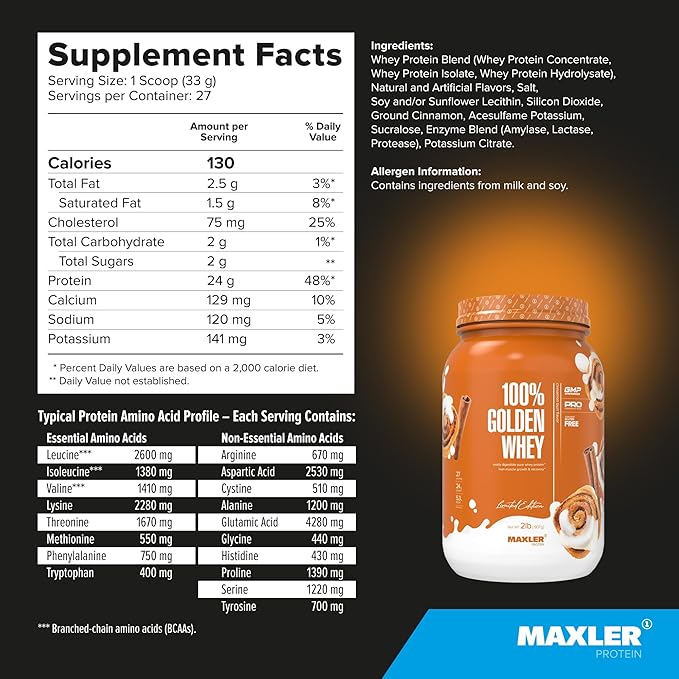 Maxler 100% Golden Whey Protein - 24g of Protein per Serving - Premium Whey Protein Powder for Pre