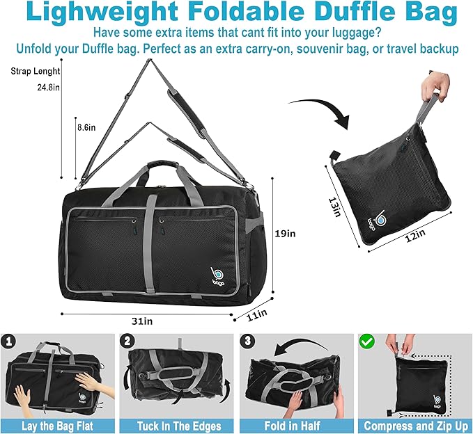 Bago Large Foldable Duffel Bags for Traveling Women & Men - 120L Packable Duffle Bag for Travel
