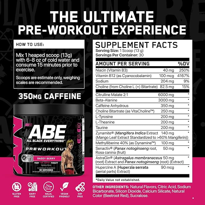 All Black Everything Pre Workout Powder | 30 Servings | Baddy Berry | 350mg Caffeine | Nootropic