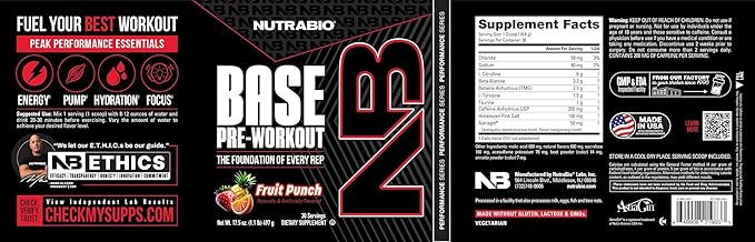 NutraBio Base Pre-Workout Powder 200mg Caffiene, Sustained Energy, Focus, Endurance, Pump, Sugar