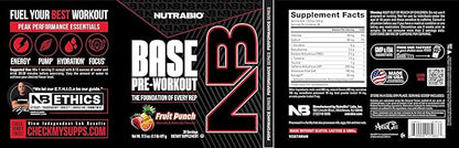 NutraBio Base Pre-Workout Powder 200mg Caffiene, Sustained Energy, Focus, Endurance, Pump, Sugar