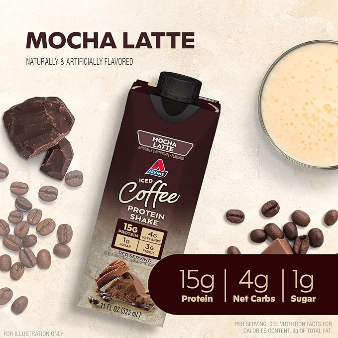 Atkins Mocha Latte Iced Coffee Flavored Protein Shake, High Protein, Low Glycemic, Low Carb and Low