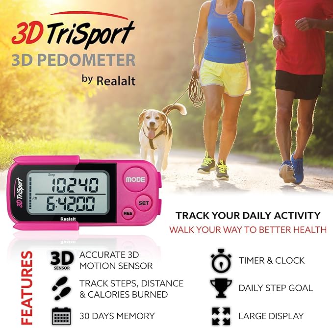 3DTriSport Walking 3D Pedometer with Clip & Strap, eBook Included | 30 Days Memory, Accurate Step