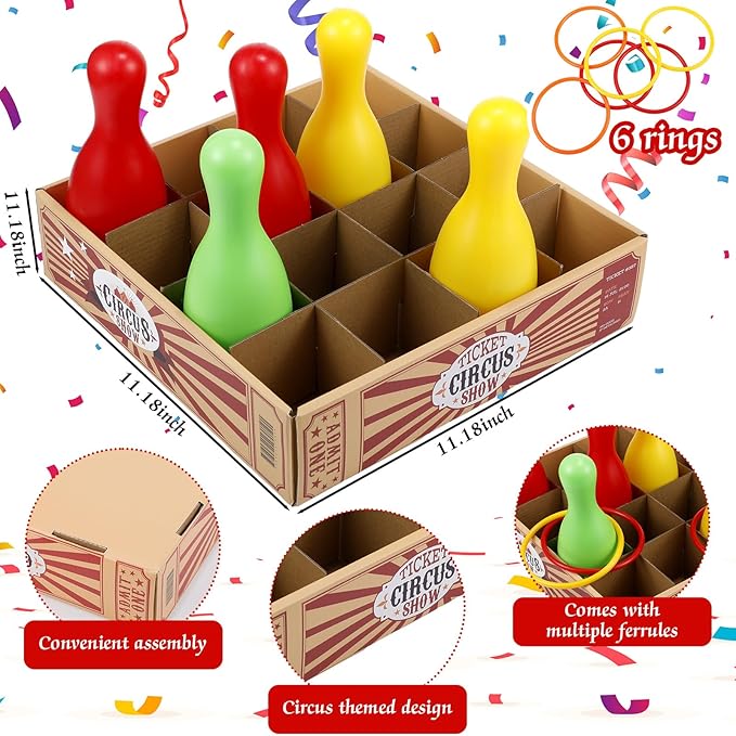 Wettarn Carnival Bottle Toss Game Ring Toss Games, Include a Circus Ticket Box 6 Plastic Bottles