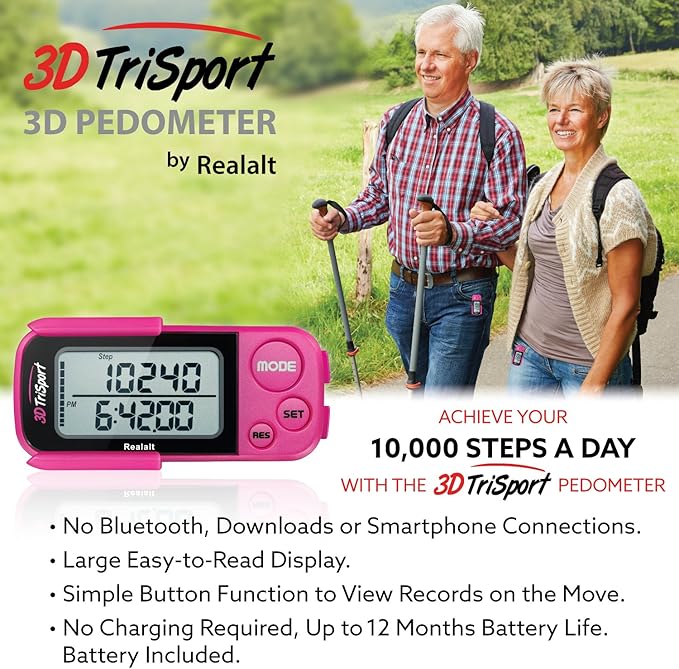 3DTriSport Walking 3D Pedometer with Clip & Strap, eBook Included | 30 Days Memory, Accurate Step