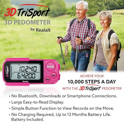 3DTriSport Walking 3D Pedometer with Clip & Strap, eBook Included | 30 Days Memory, Accurate Step