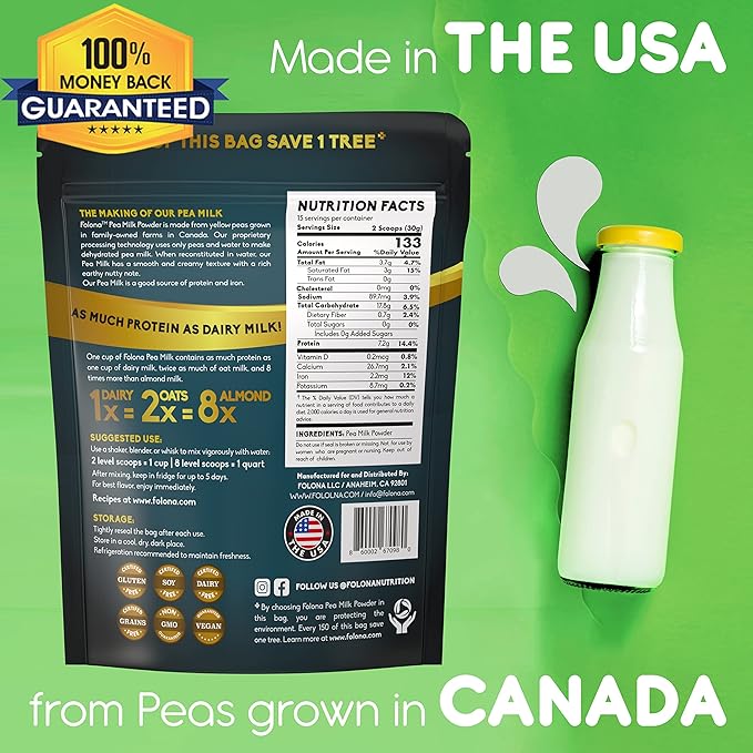 Folona Unsweetened Pea Milk Powder, Sugar Free Non-dairy Coffee Creamer. Perfect for Tea, Smothie