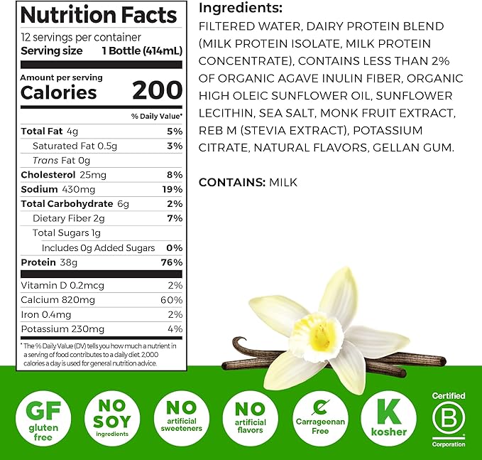 Orgain 38g High Protein Shake, Dairy Isolate Protein Milk, Vanilla, 6g BCAAs, 1g Sugar Per Serving