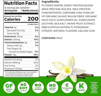 Orgain 38g High Protein Shake, Dairy Isolate Protein Milk, Vanilla, 6g BCAAs, 1g Sugar Per Serving