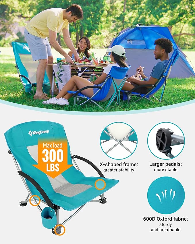 KingCamp Low Beach Chairs, Portable Folding Chair for Adults Extra Wide Ergonomic High Back Seat